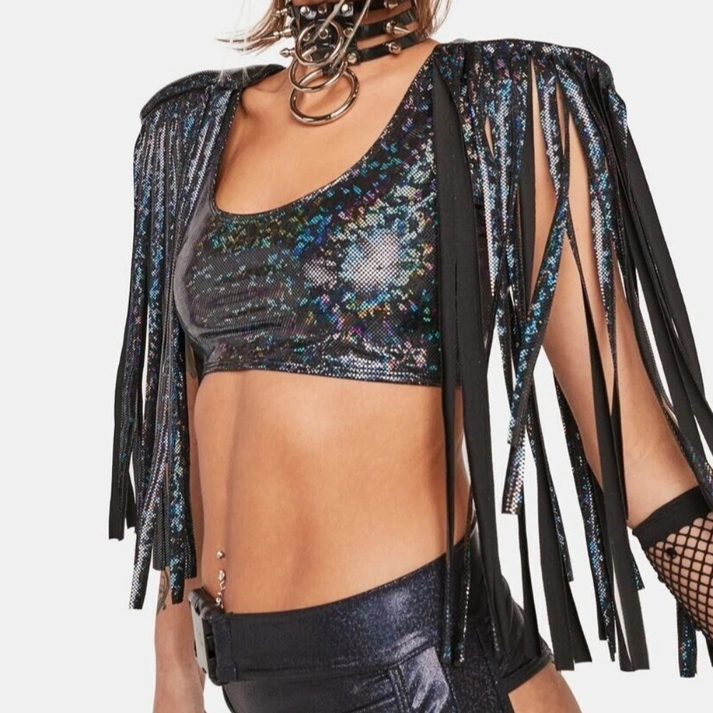 Dolls Kill Black Holographic Rave Roma Holo Shimmer Fringe Crop Top S New - Picture 6 of 7